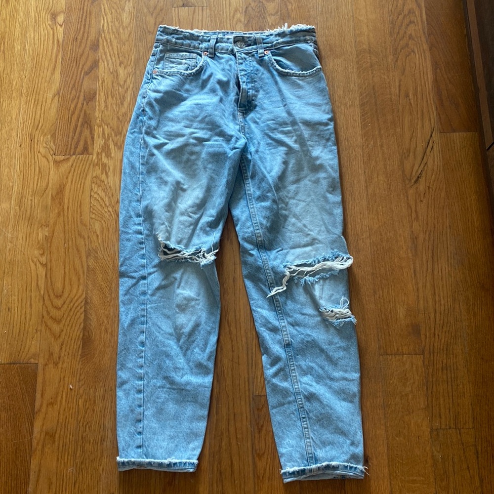 Zara light denim distressed straight leg jeans
